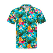 Turquoise rayon Hawaiian shirt with bright tropical floral and pineapple pattern; festive beach style. | Tropicool Clothing