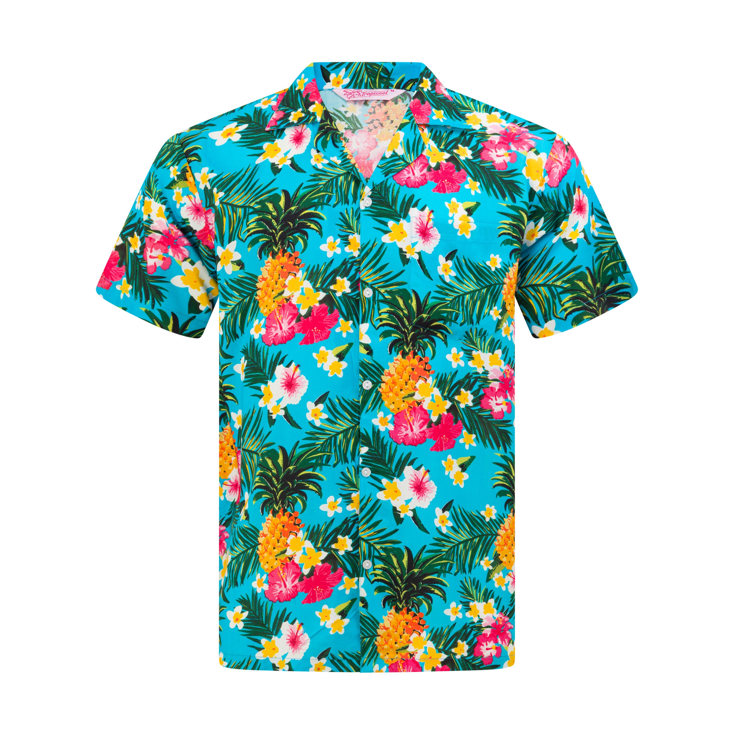 Turquoise rayon Hawaiian shirt with bright tropical floral and pineapple pattern; festive beach style. | Tropicool Clothing