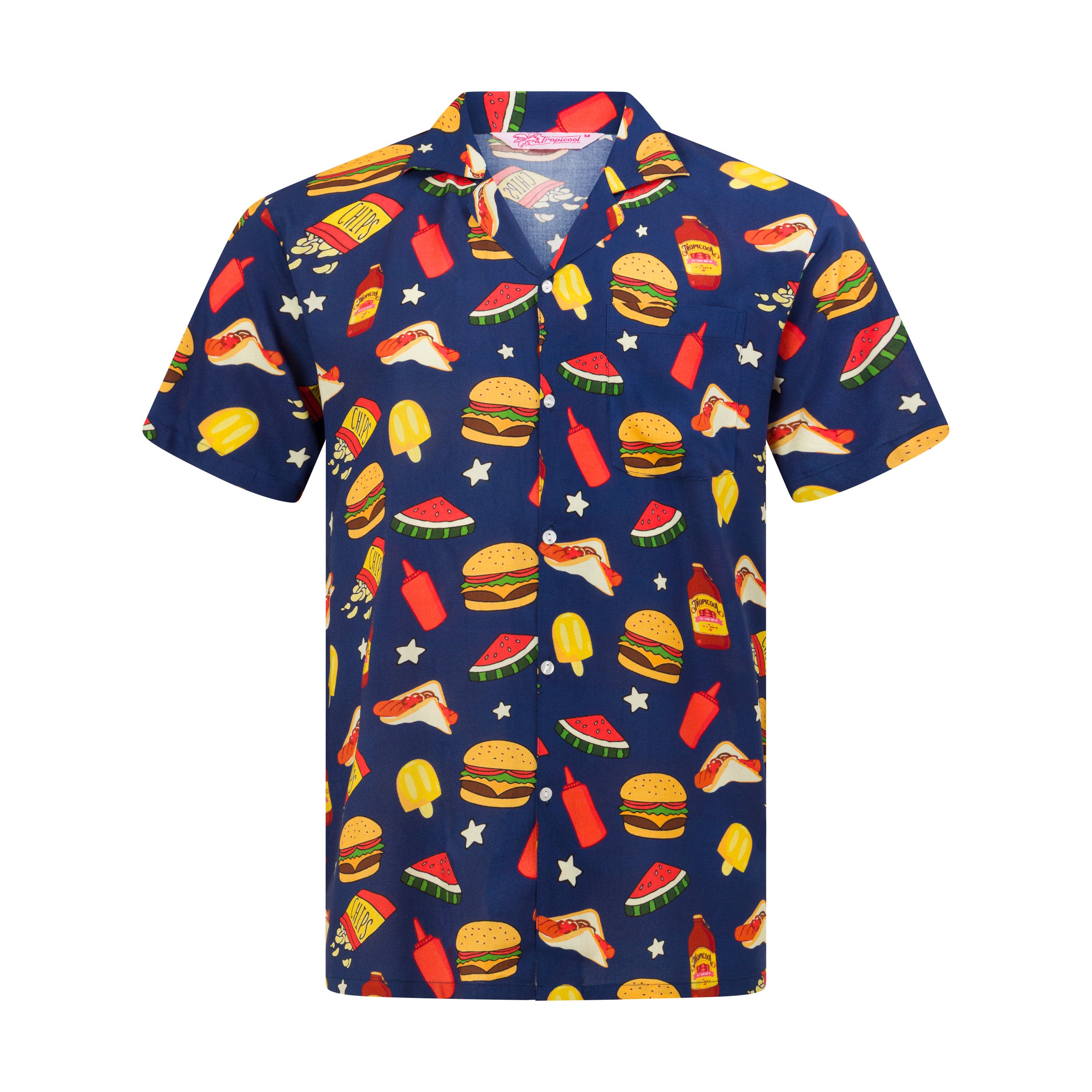 Blue Hawaiian shirt with vibrant burger, watermelon, and condiment print; rayon fabric; tropical party style. | Tropicool Clothing