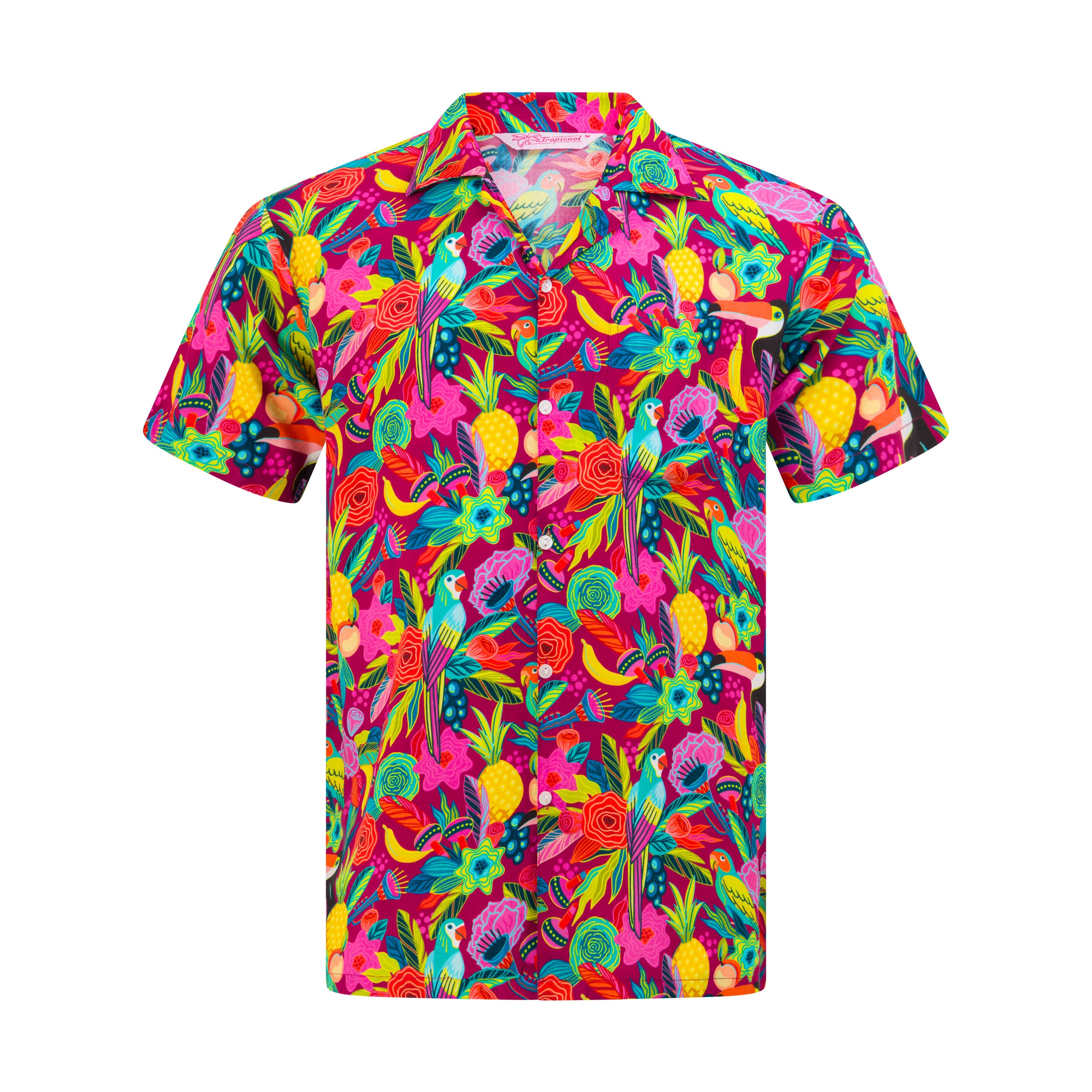 Pink Hawaiian shirt with multicolored toucans and fruit print, 100 rayon, tropical party style. | Tropicool Clothing