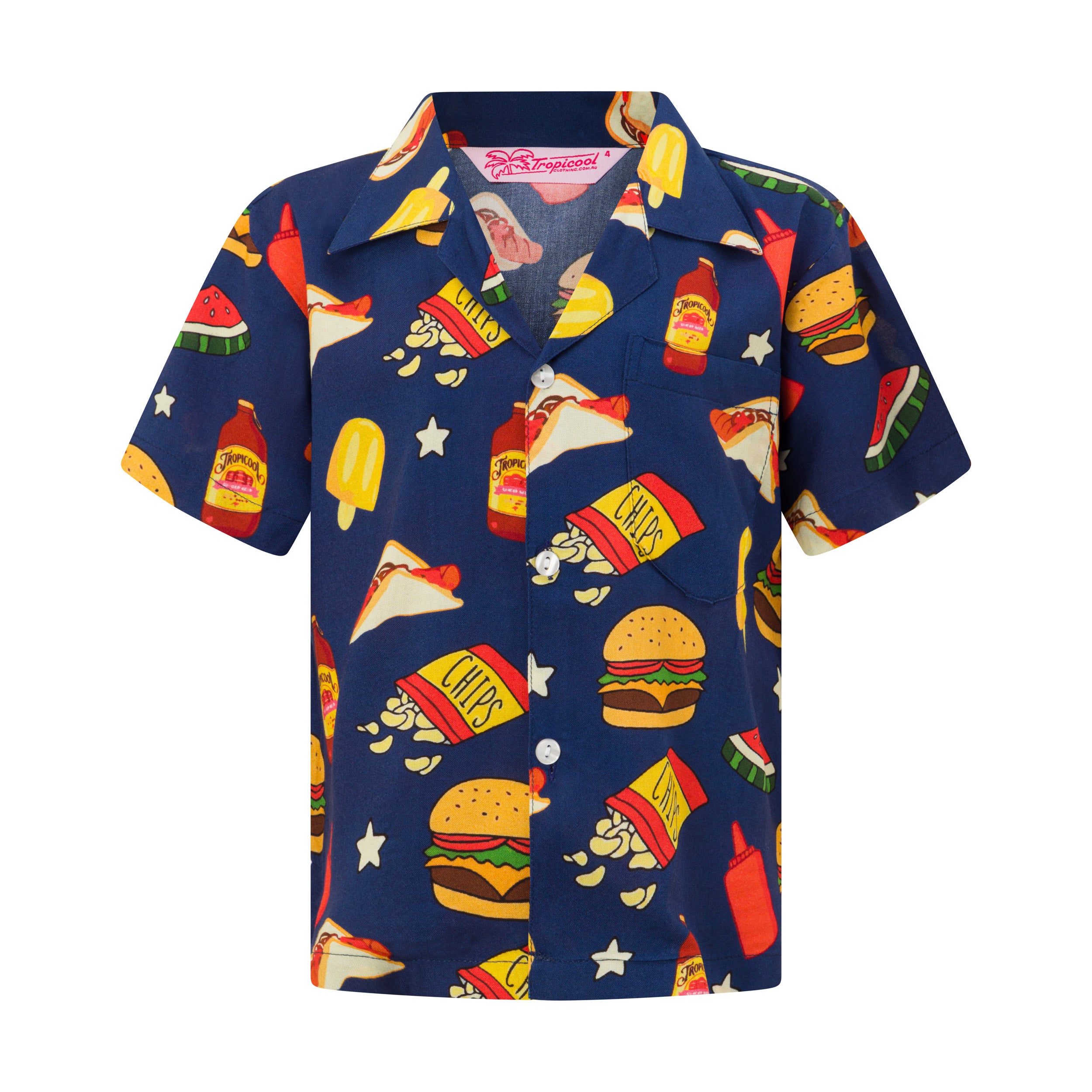 Kids Hawaiian rayon shirt with burger, pizza, watermelon, popsicle, and white star print on natural fabric. | Tropicool Clothing