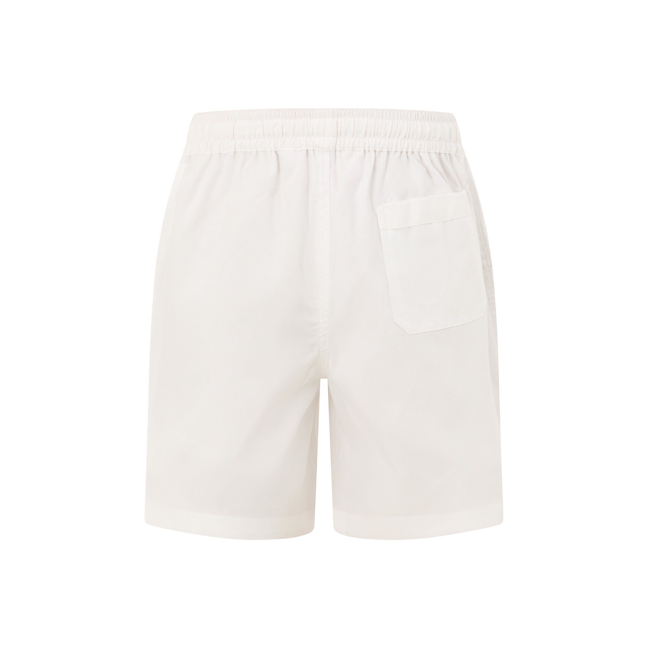 White unisex cotton shorts with elastic waist, back pocket; relaxed tropical resort-style fit. | Tropicool Clothing