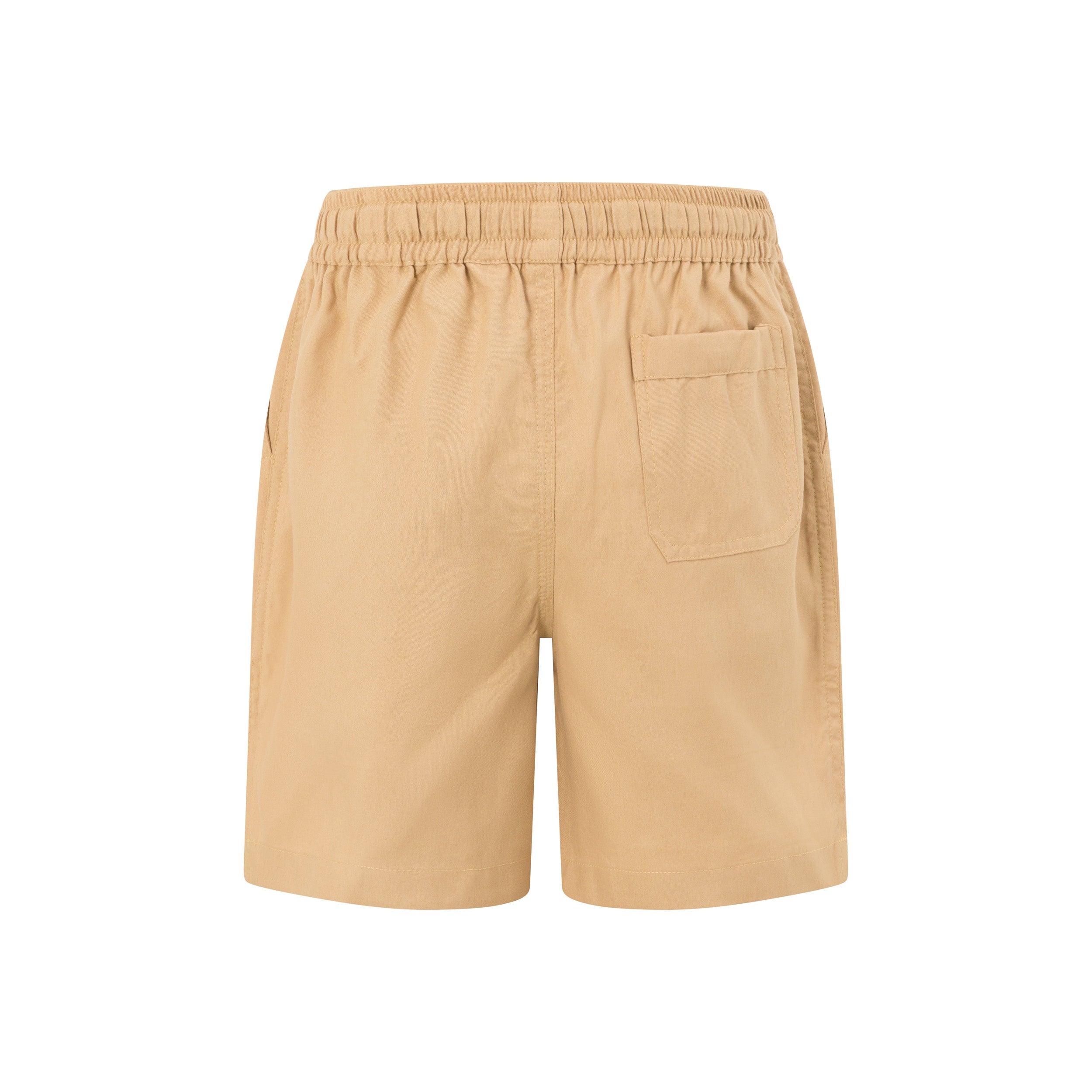 Unisex kids khaki cotton shorts, elastic waist, back pocket; tropical casual style for summer wear. | Tropicool Clothing