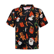 Kids festive shirt with red, green, and white gingerbread men, Santa, gifts, and candy cane patterns. | Tropicool Clothing