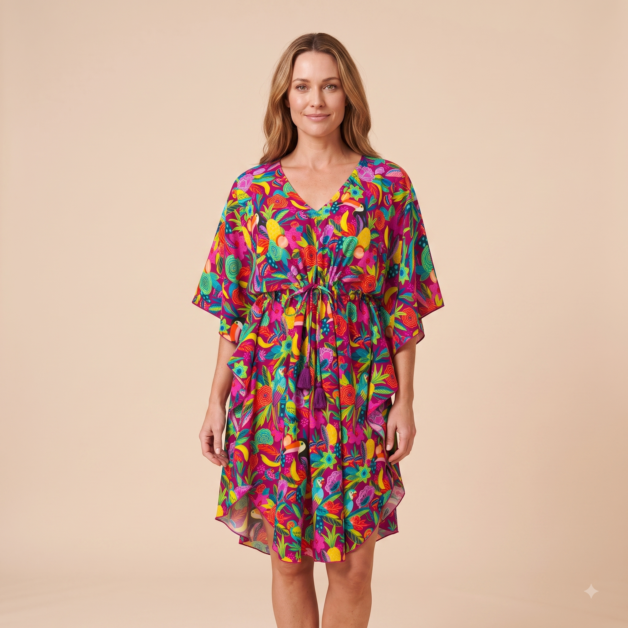 A woman modeling a short, V-neck dress with a colorful abstract floral print in shades of pink, purple, green, yellow, and blue, set against a solid beige studio background.