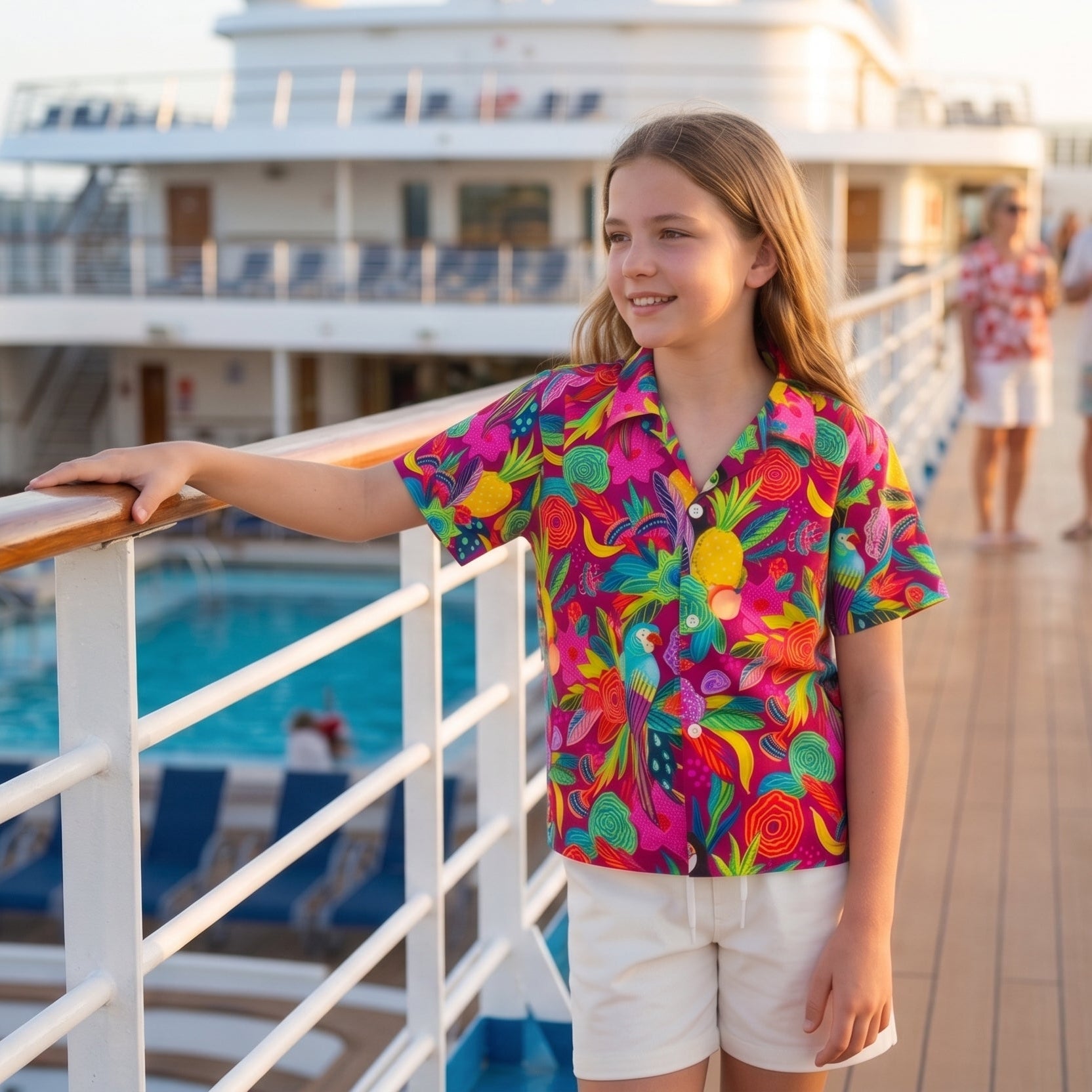 A young girl stands on a cruise ship deck wearing a vibrant, multicolored tropical floral short-sleeve button-up shirt and white shorts, with a pool and other passengers blurred in the background.