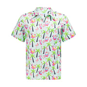 Tropical adult Hawaiian shirt with pink flamingos and palm trees on a white background, festive design. | Tropicool Clothing