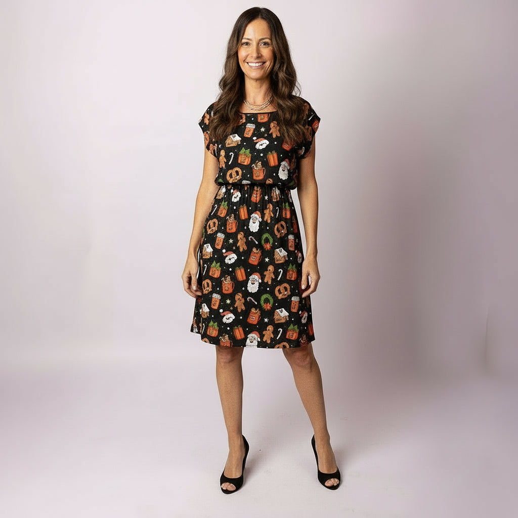 Full-body view of the Tropicool Alice JingleVerse Christmas adult dress in black, showing the festive rick and morty theme Perfect for matching family Christmas outfits.