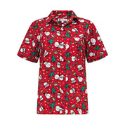 Red cotton button-up shirt with Christmas trees, snowmen, and Santa face print; festive holiday apparel. | Tropicool Clothing
