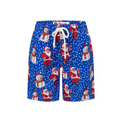 Blue kids swim shorts with white drawstring, Santa Claus and snowman print; festive tropical style. | Tropicool Clothing
