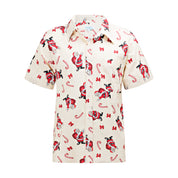 Christmas adult shirt with Santa, candy canes, red bows pattern on cream; festive tropical holiday style. | Tropicool Clothing
