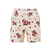 Beige swim shorts featuring Santa and candy cane print, white drawstring; festive tropical swimwear. | Tropicool Clothing