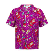 Purple kids shirt with Santa and snowman Christmas print; festive tropical holiday apparel. | Tropicool Clothing