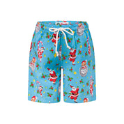 Icy blue kids shorts with Santa Claus and candy cane print, white drawstring, festive holiday style. | Tropicool Clothing