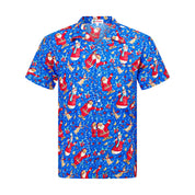 Blue adult Hawaiian shirt with Santa and snowman pattern, ideal for tropical festive holiday wear. | Tropicool Clothing