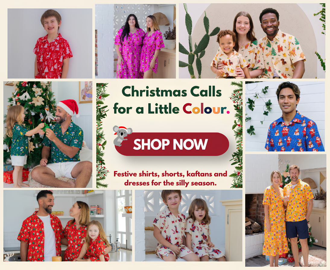 A promotional collage for Christmas apparel featuring multiple family and individual photos wearing festive patterned shirts, shorts, kaftans, and dresses. The center contains the text 'Christmas Calls for a Little Colour.