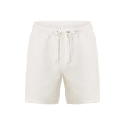 Off-white drawstring shorts with an elastic waistband, shown against a plain white background.